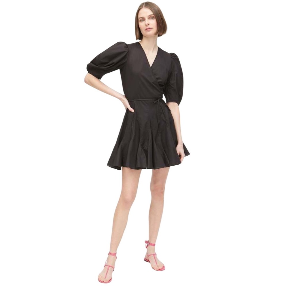Rhode Claudine Wrap Dress Black Cotton Puff Sleeve Wrap Mini Large LBD Flare